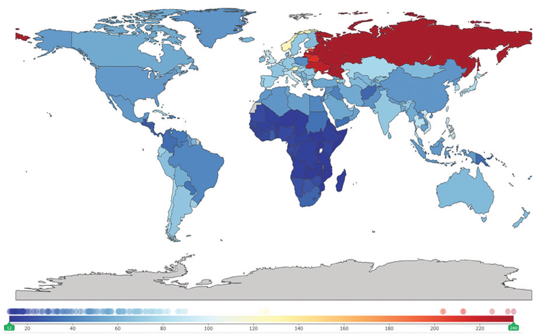 Рис. 1. Распространенность МКБ в мире на 100 000 населения по данным GBD в 2019 г